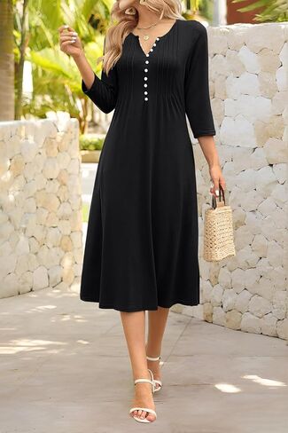 Soesdemo Long Sleeve Dress for Women Casual V Neck Pleated Button Down 3/4 Sleeves Knee Length Midi Dresses with Pockets in Kuwait
