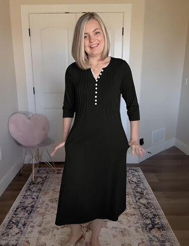 Soesdemo Long Sleeve Dress for Women Casual V Neck Pleated Button Down 3/4 Sleeves Knee Length Midi Dresses with Pockets in Kuwait