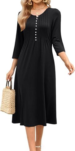 Soesdemo Long Sleeve Dress for Women Casual V Neck Pleated Button Down 3/4 Sleeves Knee Length Midi Dresses with Pockets in Kuwait