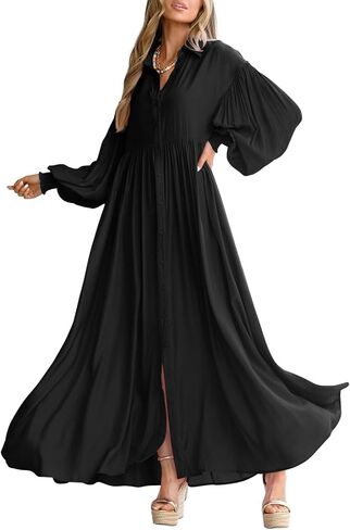 Chouyatou Women's Long Sleeve Button أسفل القميص فستان الأنيقة مطوية الفستان Maxi Swing Swing in Saudi Arabia
