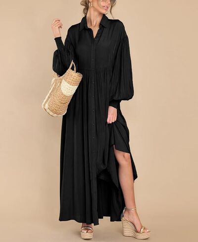 Chouyatou Women's Long Sleeve Button أسفل القميص فستان الأنيقة مطوية الفستان Maxi Swing Swing in Saudi Arabia