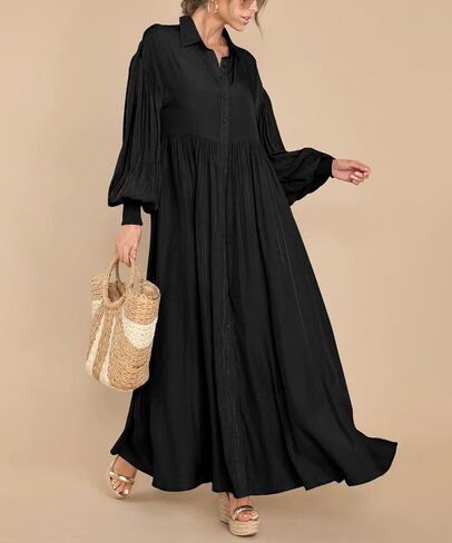 Chouyatou Women's Long Sleeve Button أسفل القميص فستان الأنيقة مطوية الفستان Maxi Swing Swing in Saudi Arabia