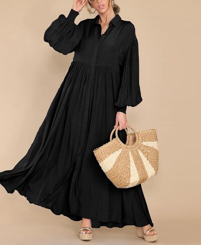 Chouyatou Women's Long Sleeve Button أسفل القميص فستان الأنيقة مطوية الفستان Maxi Swing Swing in Saudi Arabia
