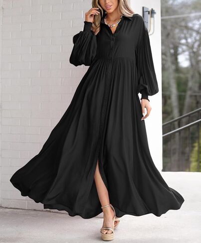 Chouyatou Women's Long Sleeve Button أسفل القميص فستان الأنيقة مطوية الفستان Maxi Swing Swing in Saudi Arabia