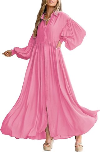 chouyatou Women's Casual Long Sleeve Button Down Shirt Dress Elegant Pleated Flowy Swing Maxi Dress in Kuwait