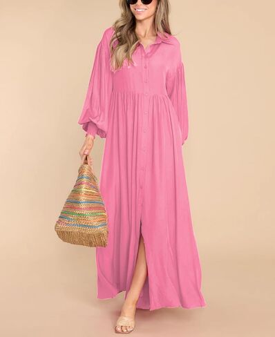 chouyatou Women's Casual Long Sleeve Button Down Shirt Dress Elegant Pleated Flowy Swing Maxi Dress in Kuwait