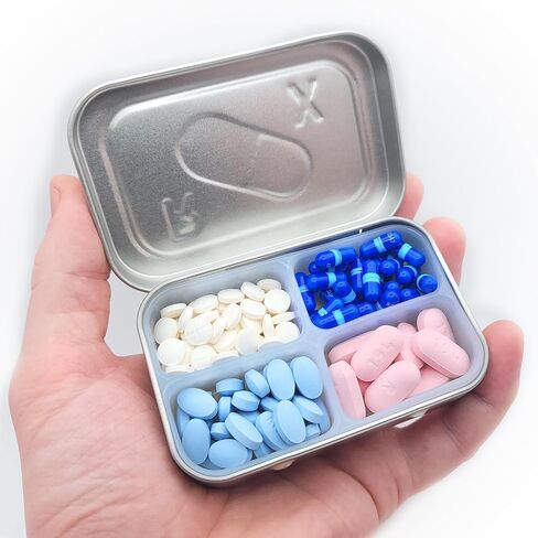 Travel Pill Pill Tin - محلول تخزين الأدوية المحمولة جودة تصميم القصدير مع إدراج مقسم السيليكون (4 مقصورات) in Saudi Arabia