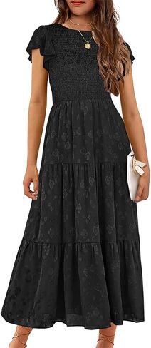 YOVION Flower Girls Dress Elegant Ruffle Sleeve Smocked A Line Tiered Flowy Wedding Guest Maxi Dresses for 6-12 Years in Saudi Arabia