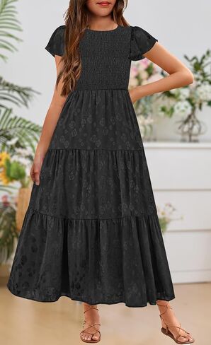 YOVION Flower Girls Dress Elegant Ruffle Sleeve Smocked A Line Tiered Flowy Wedding Guest Maxi Dresses for 6-12 Years in Saudi Arabia