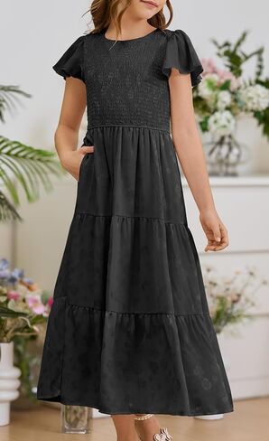 YOVION Flower Girls Dress Elegant Ruffle Sleeve Smocked A Line Tiered Flowy Wedding Guest Maxi Dresses for 6-12 Years in Saudi Arabia