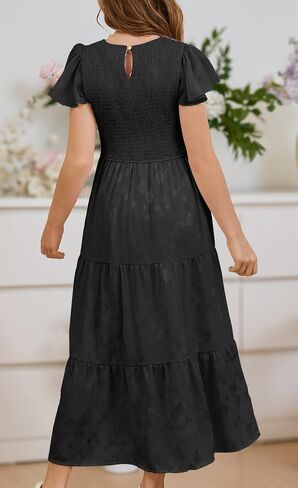 YOVION Flower Girls Dress Elegant Ruffle Sleeve Smocked A Line Tiered Flowy Wedding Guest Maxi Dresses for 6-12 Years in Saudi Arabia