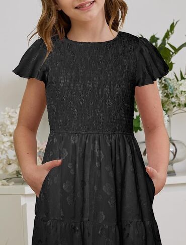 YOVION Flower Girls Dress Elegant Ruffle Sleeve Smocked A Line Tiered Flowy Wedding Guest Maxi Dresses for 6-12 Years in Saudi Arabia