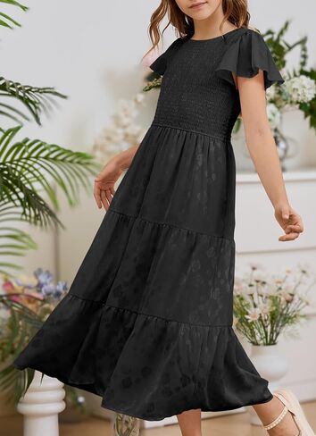 YOVION Flower Girls Dress Elegant Ruffle Sleeve Smocked A Line Tiered Flowy Wedding Guest Maxi Dresses for 6-12 Years in Saudi Arabia