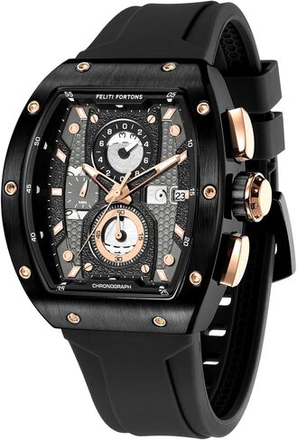 Mens Watches Sport Tonneau 3ATM Waterproof Chronograph Luminous Quartz Watches of Men Silicone Strap with Gift for Men in Saudi Arabia