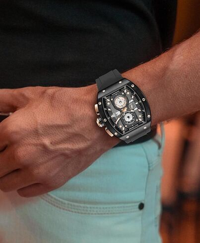 Mens Watches Sport Tonneau 3ATM Waterproof Chronograph Luminous Quartz Watches of Men Silicone Strap with Gift for Men in Saudi Arabia
