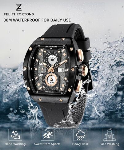 Mens Watches Sport Tonneau 3ATM Waterproof Chronograph Luminous Quartz Watches of Men Silicone Strap with Gift for Men in Saudi Arabia