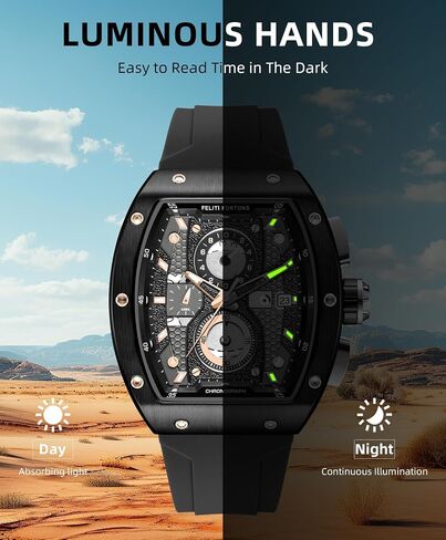 Mens Watches Sport Tonneau 3ATM Waterproof Chronograph Luminous Quartz Watches of Men Silicone Strap with Gift for Men in Saudi Arabia