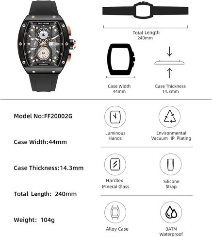 Mens Watches Sport Tonneau 3ATM Waterproof Chronograph Luminous Quartz Watches of Men Silicone Strap with Gift for Men in Saudi Arabia