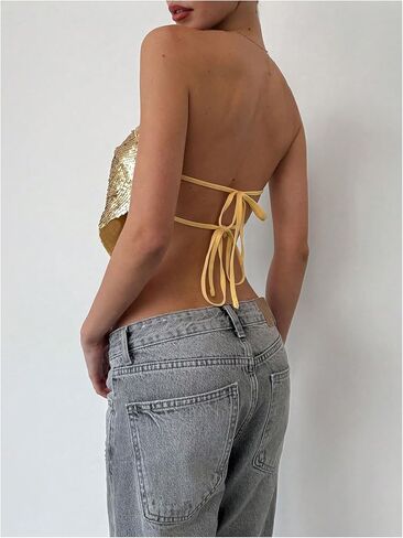 MakeMeChic Women's Sequin Sparkly Tie Backless Tube Crop Tops Strapless Bandeau Top Clubwear in Kuwait