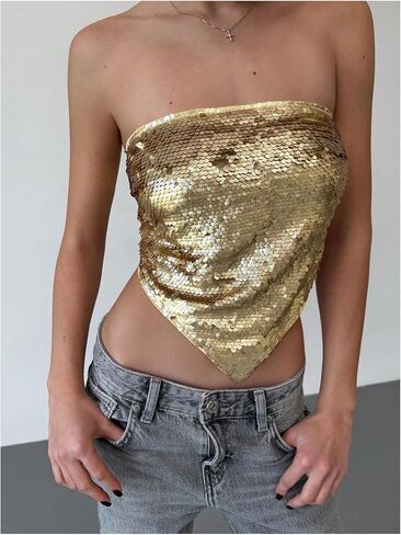 MakeMeChic Women's Sequin Sparkly Tie Backless Tube Crop Tops Strapless Bandeau Top Clubwear in Kuwait