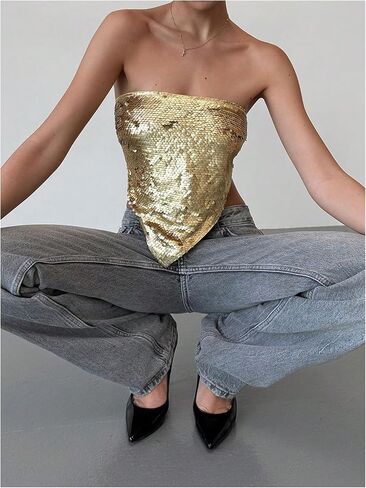 MakeMeChic Women's Sequin Sparkly Tie Backless Tube Crop Tops Strapless Bandeau Top Clubwear in Kuwait