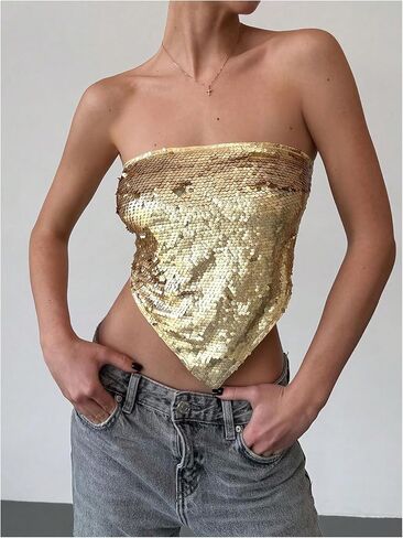 MakeMeChic Women's Sequin Sparkly Tie Backless Tube Crop Tops Strapless Bandeau Top Clubwear in Kuwait