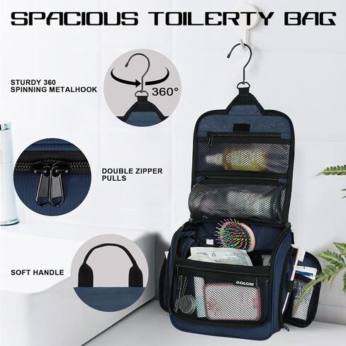 Goloni 10-Compartment Hanging Travel Toiletry Bag for Men & Women - Large Makeup & Toiletries Organizer with Smooth Zippers,XXL Swivel Metal Hook - Perfect for Travel, Camping, and Daily Use in Kuwait