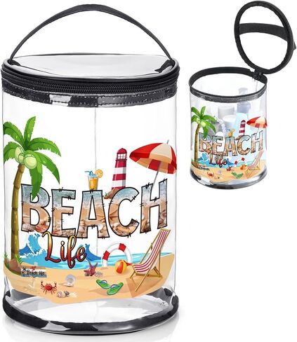 Beach Gifts Heavy Duty Clear Lotion Toiletry Bags for Travel Sunscreen Makeup Cosmetic Pouch Cylinder Bag Waterproof Portable Trip Bag with Handle Zipper(Beach Life) in Saudi Arabia