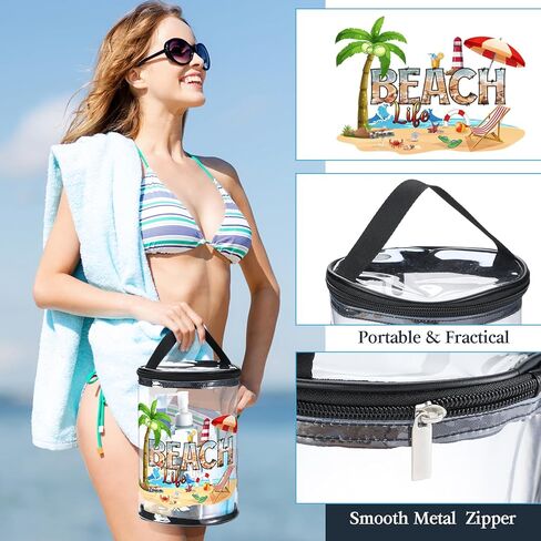 Beach Gifts Heavy Duty Clear Lotion Toiletry Bags for Travel Sunscreen Makeup Cosmetic Pouch Cylinder Bag Waterproof Portable Trip Bag with Handle Zipper(Beach Life) in Saudi Arabia