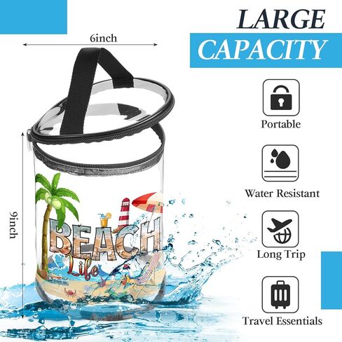 Beach Gifts Heavy Duty Clear Lotion Toiletry Bags for Travel Sunscreen Makeup Cosmetic Pouch Cylinder Bag Waterproof Portable Trip Bag with Handle Zipper(Beach Life) in Saudi Arabia