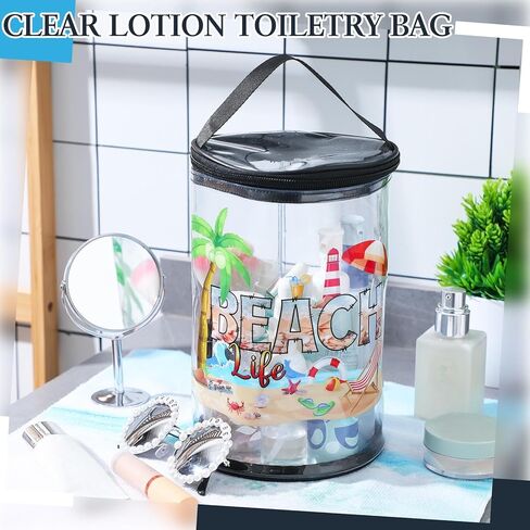 Beach Gifts Heavy Duty Clear Lotion Toiletry Bags for Travel Sunscreen Makeup Cosmetic Pouch Cylinder Bag Waterproof Portable Trip Bag with Handle Zipper(Beach Life) in Saudi Arabia