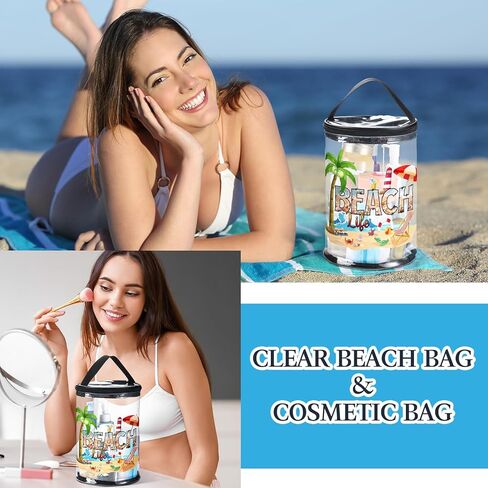 Beach Gifts Heavy Duty Clear Lotion Toiletry Bags for Travel Sunscreen Makeup Cosmetic Pouch Cylinder Bag Waterproof Portable Trip Bag with Handle Zipper(Beach Life) in Saudi Arabia