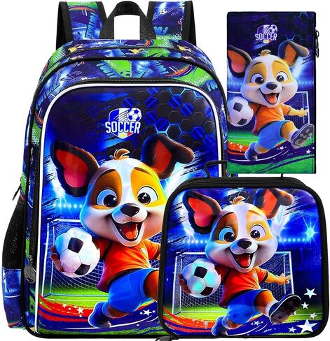 3PCS Boys Dog Backpack, Water Resistant Kids Soccer Bookbag Set with Lunch Box，Cute School Bag for Preschool Toddler in Kuwait