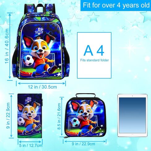 3PCS Boys Dog Backpack, Water Resistant Kids Soccer Bookbag Set with Lunch Box，Cute School Bag for Preschool Toddler in Kuwait