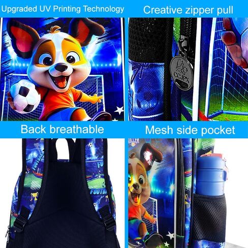 3PCS Boys Dog Backpack, Water Resistant Kids Soccer Bookbag Set with Lunch Box，Cute School Bag for Preschool Toddler in Kuwait