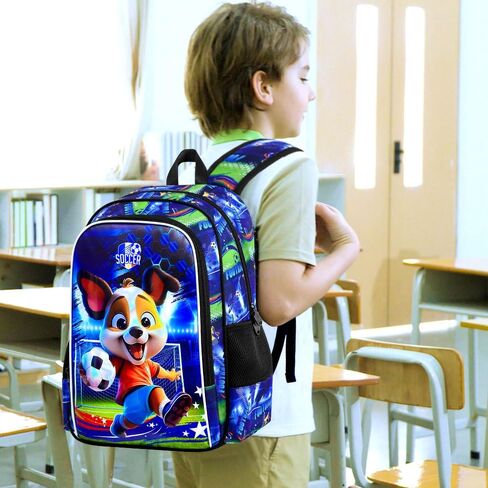 3PCS Boys Dog Backpack, Water Resistant Kids Soccer Bookbag Set with Lunch Box，Cute School Bag for Preschool Toddler in Kuwait