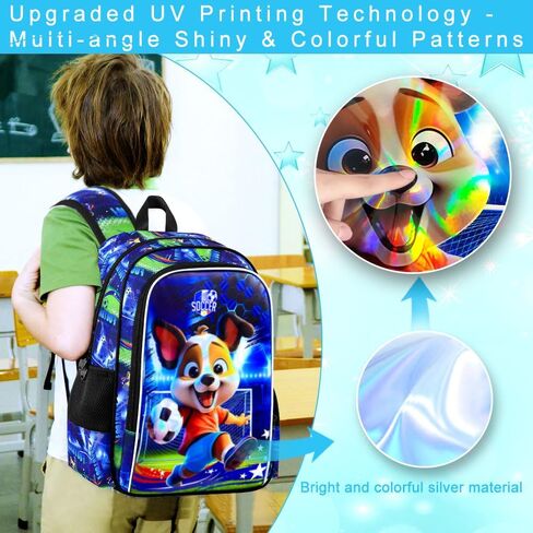 3PCS Boys Dog Backpack, Water Resistant Kids Soccer Bookbag Set with Lunch Box，Cute School Bag for Preschool Toddler in Kuwait