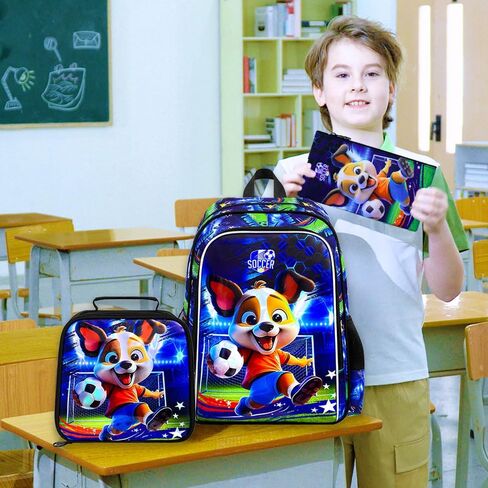 3PCS Boys Dog Backpack, Water Resistant Kids Soccer Bookbag Set with Lunch Box，Cute School Bag for Preschool Toddler in Kuwait