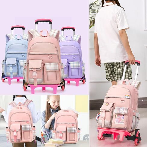 Rolling Backpack with Wheels, Polyester Hard Shell School Bag, Water Repellent, 25L Storage, Adjustable Shoulder Straps, Telescoping Handle, for Students in Saudi Arabia
