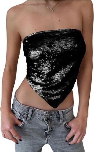 MakeMechic Women's requin Sparkly Tie Tubless Tube Tubs Tops Bandeau Top Clubwear in Kuwait