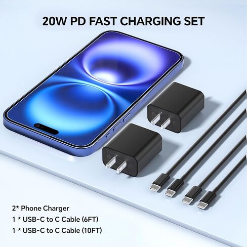 أنا شاحن الهاتف الشاحن السريع ، 2Pack Type C Charger Charger Fast Charging ، 60W 10ft USB C Cable ، 20W USBC كتلة ، متوافقة مع i Phone 15/16 Pro/Max/Plus - Blue Green in Kuwait