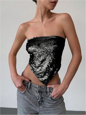 MakeMechic Women's requin Sparkly Tie Tubless Tube Tubs Tops Bandeau Top Clubwear in Kuwait