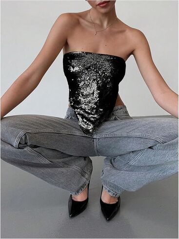 MakeMechic Women's requin Sparkly Tie Tubless Tube Tubs Tops Bandeau Top Clubwear in Kuwait