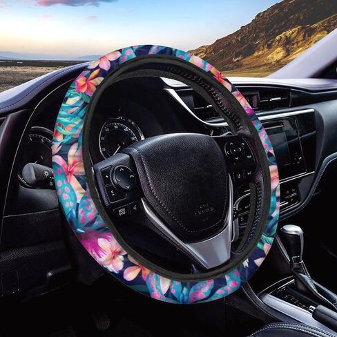 UNICEU Steering Wheel Cover (Hawaiian Hibiscus) Lightly Padded Floral Flowers Standard Size Wheel Car Accessories Automobile Hawaii Tropical Style in Kuwait