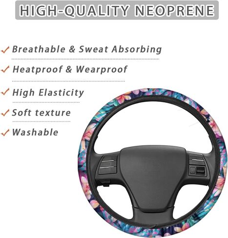 UNICEU Steering Wheel Cover (Hawaiian Hibiscus) Lightly Padded Floral Flowers Standard Size Wheel Car Accessories Automobile Hawaii Tropical Style in Kuwait