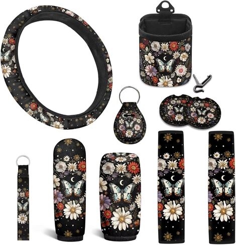 غطاء عجلة القيادة الفراشات 10 باك باك باك بيربل أوتتو الداخلية مع غطاء حزام الأمان ، وقوادف ، وفرملة اليد وأغطية التحول ، وسلسلة المفاتيح لشاحنة سيارة سيدان مركبة سيارات الدفع الرباعي in Kuwait