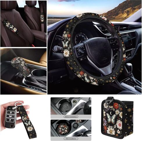 غطاء عجلة القيادة الفراشات 10 باك باك باك بيربل أوتتو الداخلية مع غطاء حزام الأمان ، وقوادف ، وفرملة اليد وأغطية التحول ، وسلسلة المفاتيح لشاحنة سيارة سيدان مركبة سيارات الدفع الرباعي in Kuwait