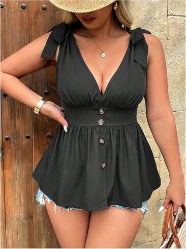 Soly Hux Women's Plus Saze Top Top Top Tie Coutgle V Neck Decless Peplum Button Down Tops in Kuwait
