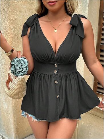 Soly Hux Women's Plus Saze Top Top Top Tie Coutgle V Neck Decless Peplum Button Down Tops in Kuwait