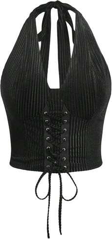 Wdirara Women's Plus Size Lace Up Front Halter Tank Tops Slim Fit Crop Tee in Kuwait